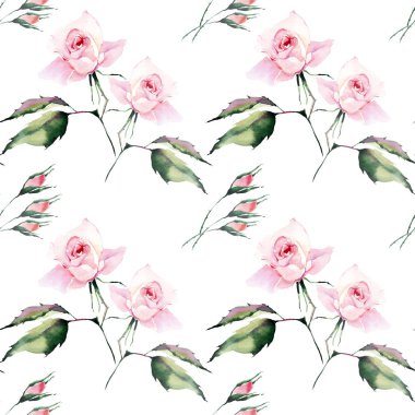 Güzel parlak şık harika renkli yumuşak yumuşak pembe bahar bitkisel tomurcukları ile gül ve desen suluboya el illüstrasyon yeşil yaprakları. Mükemmel tebrik kartı, tekstil, duvar kağıtları için