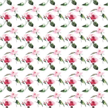 Güzel parlak şık harika renkli yumuşak yumuşak pembe bahar bitkisel tomurcukları ile gül ve desen suluboya el illüstrasyon yeşil yaprakları. Mükemmel tebrik kartı, tekstil, duvar kağıtları için