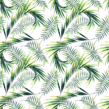 Parlak güzel yeşil bitkisel tropikal harika hawaii çiçek yaz desen tropic palmiye suluboya el illüstrasyon bırakır. Tekstil, duvar kağıtları, arka planlar için mükemmel