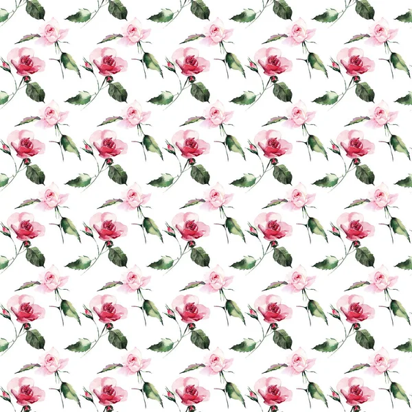 美丽明亮典雅美妙多彩柔和的粉红色春天草本玫瑰与芽和绿叶图案水彩手例证 完美的问候卡片 纺织品 — 图库照片