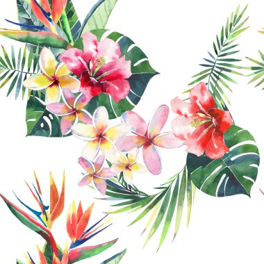 Suluboya el kroki mükemmel Tekstil için parlak güzel yeşil çiçek bitkisel tropikal güzel hawaii şirin çok renkli yaz desen bir tropikal kırmızı pembe beyaz sarı çiçekler ile yeşil palmiye yaprakları