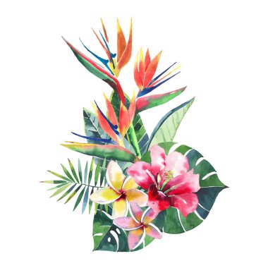 Suluboya el kroki mükemmel Tekstil için parlak güzel yeşil çiçek bitkisel tropikal güzel hawaii şirin çok renkli yaz desen bir tropikal kırmızı pembe beyaz sarı çiçekler ile yeşil palmiye yaprakları