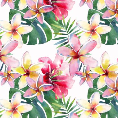 Suluboya el kroki mükemmel Tekstil için parlak güzel yeşil çiçek bitkisel tropikal güzel hawaii şirin çok renkli yaz desen bir tropikal kırmızı pembe beyaz sarı çiçekler ile yeşil palmiye yaprakları