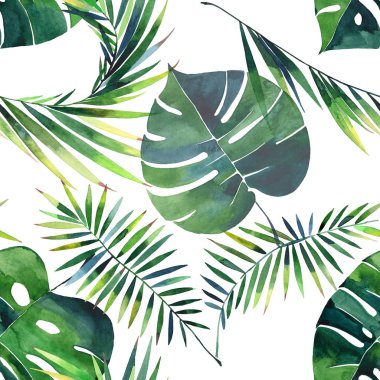 Parlak güzel yeşil bitkisel tropikal harika hawaii çiçek yaz desen tropic palmiye suluboya el illüstrasyon bırakır. Tekstil, duvar kağıtları, arka planlar için mükemmel