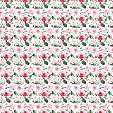 İhale nazik sofistike harika güzel şirin bahar çiçek bitki botanik kırmızı toz pembe Mor gül yeşil yaprakları desen suluboya el kroki ile. Tekstil için mükemmel