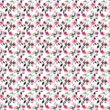 İhale nazik sofistike harika güzel şirin bahar çiçek bitki botanik kırmızı toz pembe Mor gül yeşil yaprakları desen suluboya el kroki ile. Tekstil için mükemmel