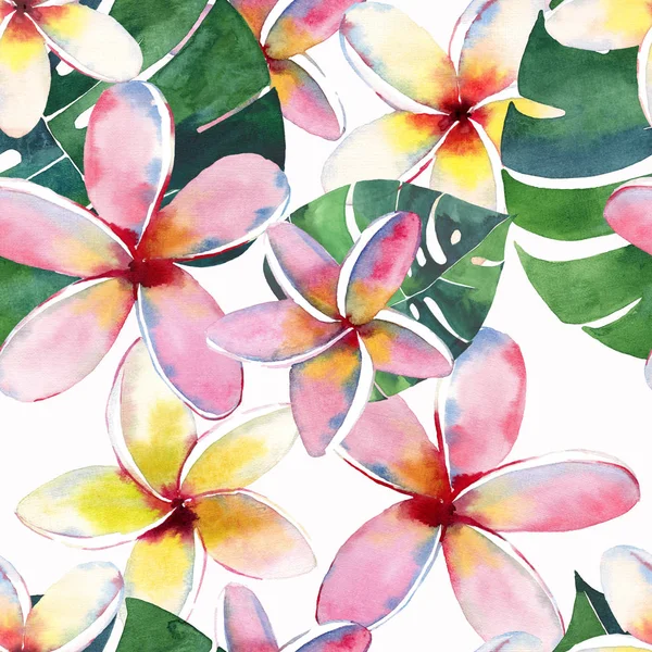 明亮美丽的绿色花卉草本热带可爱的夏威夷可爱的多色夏季图案的热带红色粉红色的白色黄色的花朵与绿色棕榈叶水彩手工素描完美的纺织品 — 图库照片