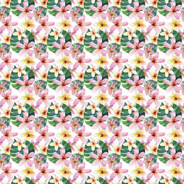 Suluboya el kroki mükemmel Tekstil için parlak güzel yeşil çiçek bitkisel tropikal güzel hawaii şirin çok renkli yaz desen bir tropikal kırmızı pembe beyaz sarı çiçekler ile yeşil palmiye yaprakları