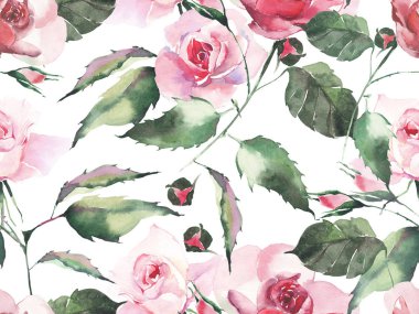 İhale nazik sofistike harika güzel şirin bahar çiçek bitki botanik kırmızı toz pembe Mor gül yeşil yaprakları desen suluboya el kroki ile. Tekstil için mükemmel