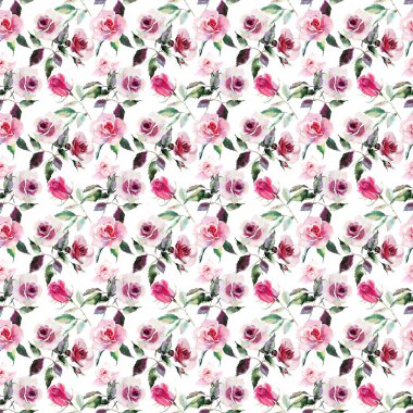 İhale nazik sofistike harika güzel şirin bahar çiçek bitki botanik kırmızı toz pembe Mor gül yeşil yaprakları desen suluboya el kroki ile. Tekstil için mükemmel