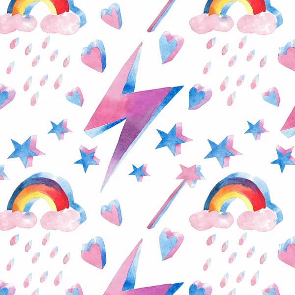 Bright beautiful lovely cute fairy magical colorful pattern of magic elements: lightning, rainbow, magic wand, hearts, stars watercolor hand illustration. Perfect for greeting cards, textile.
