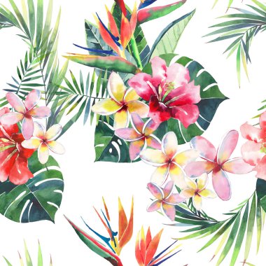 Suluboya el kroki mükemmel Tekstil için parlak güzel yeşil çiçek bitkisel tropikal güzel hawaii şirin çok renkli yaz desen bir tropikal kırmızı pembe beyaz sarı çiçekler ile yeşil palmiye yaprakları