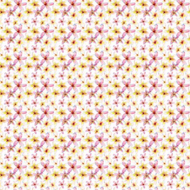 Suluboya el kroki mükemmel Tekstil için parlak güzel yeşil çiçek bitkisel tropikal güzel hawaii şirin çok renkli yaz desen bir tropikal kırmızı pembe beyaz sarı çiçekler ile yeşil palmiye yaprakları