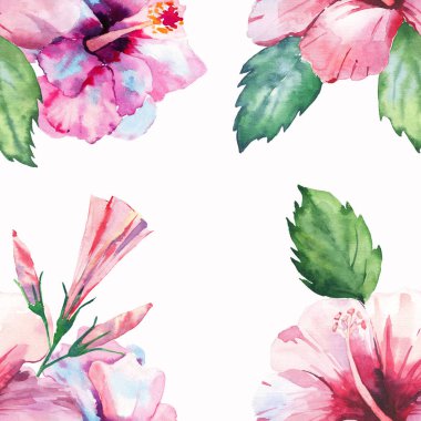 Parlak yeşil bitkisel tropikal harika hawaii çiçek yaz çerçeve tropic pembe kırmızı menekşe mavi çiçekler hibiscus suluboya el çizimi. Mükemmel tebrik kartı, tekstil, duvar kağıtları için