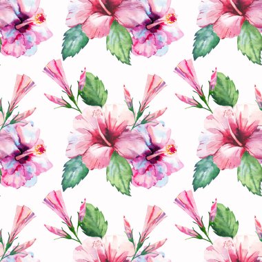 Parlak yeşil bitkisel tropikal harika hawaii çiçek yaz desen tropic pembe kırmızı menekşe mavi çiçekler hibiscus suluboya el çizimi. Mükemmel tebrik kartı, tekstil, duvar kağıtları için