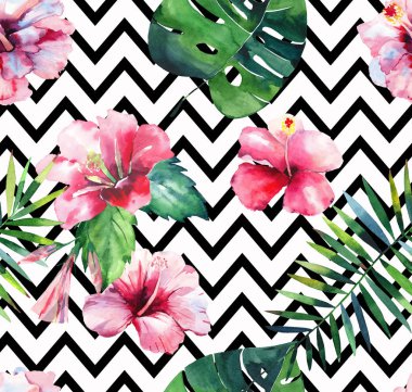 Parlak yeşil bitkisel tropikal hawaii çiçek yaz desen bir tropic palmiye yaprakları ve tropic pembe kırmızı menekşe mavi çiçekler ebegümeci, orkide, lily zikzak arka plan el çizimi üzerine suluboya