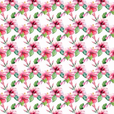 Parlak yeşil bitkisel tropikal harika hawaii çiçek yaz desen tropic pembe kırmızı menekşe mavi çiçekler hibiscus suluboya el çizimi. Mükemmel tebrik kartı, tekstil, duvar kağıtları için