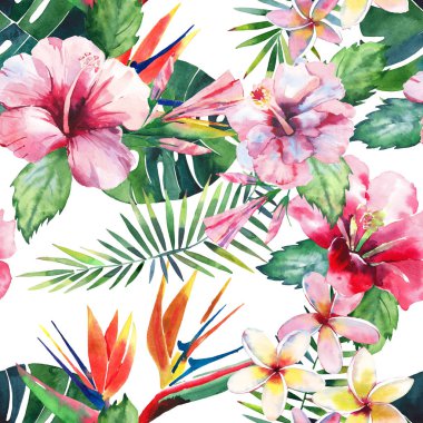 Parlak yeşil bitkisel tropikal harika hawaii çiçek yaz desen bir tropic palmiye yaprakları ve tropic pembe kırmızı menekşe mavi çiçekler ebegümeci, orkide, lily suluboya el çizimi