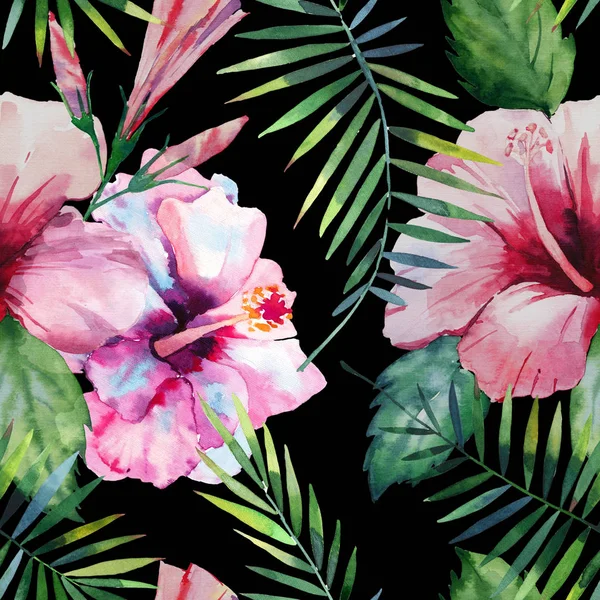 Bright green herbal tropical hawaii floral summer pattern of a tropic palm leaves and tropic pink red violet blue flowers hibiscus, orchid, lily on black background watercolor hand illustration