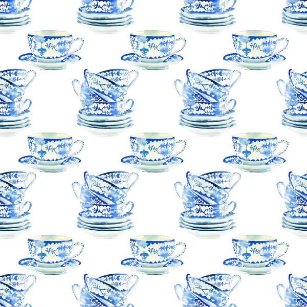 Beautiful artistic tender wonderful blue porcelain china tea cups pattern watercolor hand illustration. Perfect for textile, menu, wallpapers