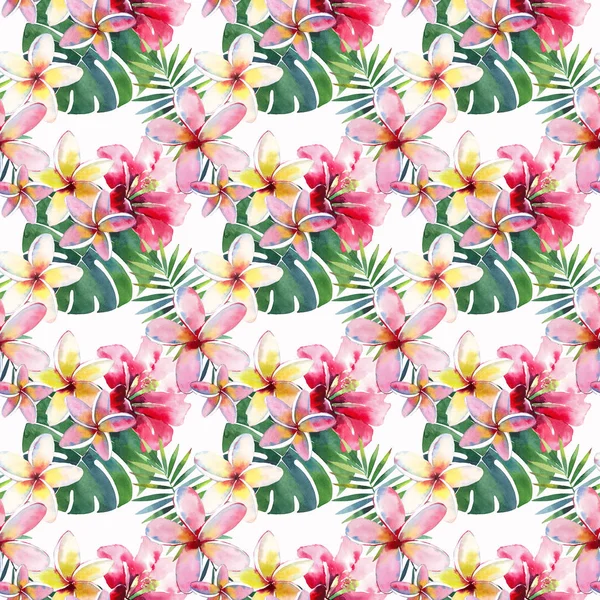 明るく美しい緑ハーブ熱帯素敵なハワイかわいい多色夏花柄 熱帯赤白黄色とピンクの花緑のヤシの葉の繊維用水彩手スケッチ完璧な — ストック写真