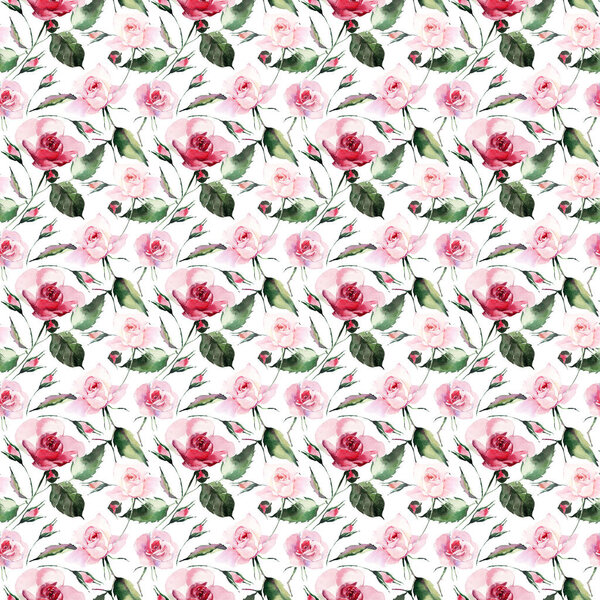Beautiful bright elegant wonderful colorful tender gentle pink spring herbal rose with buds and green leaves pattern watercolor hand illustration. Perfect for greetings card, textile, wallpapers