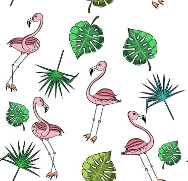 Parlak güzel ihale nazik tropikal hawaii hayvan vahşi yaz desen vektör çizim beach pembe flamingo ile yeşil palmiye yaprakları sofistike. Mükemmel tebrik kartı, tekstil, duvar kağıtları için