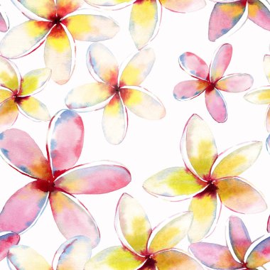 Suluboya el kroki mükemmel Tekstil için parlak güzel yeşil çiçek bitkisel tropikal güzel hawaii şirin çok renkli yaz desen bir tropikal kırmızı pembe beyaz sarı çiçekler ile yeşil palmiye yaprakları