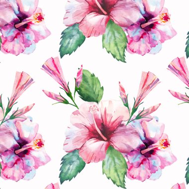 Parlak yeşil bitkisel tropikal harika hawaii çiçek yaz desen tropic pembe kırmızı menekşe mavi çiçekler hibiscus suluboya el çizimi. Mükemmel tebrik kartı, tekstil, duvar kağıtları için