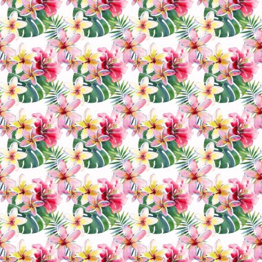 Parlak yeşil bitkisel tropikal harika hawaii çiçek yaz desen bir tropic palmiye yaprakları ve tropic pembe kırmızı menekşe mavi çiçekler ebegümeci, orkide, lily suluboya el çizimi