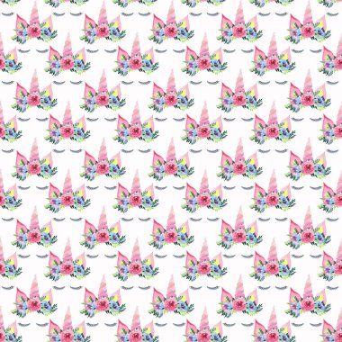 Parlak güzel bahar güzel şirin peri büyülü renkli desen tek boynuzlu at kirpik tebrik kartları, tekstil, arka planlar için çiçek ihale taç suluboya el çizimde mükemmel ile