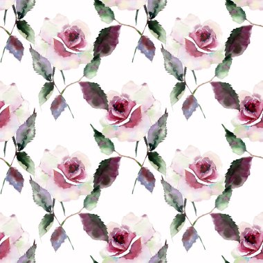 Güzel parlak harika renkli menekşe mor kırmızı pembe bahar bitkisel tomurcukları ve yeşil yaprakları desen suluboya el illüstrasyon ile yükseldi. Mükemmel tebrik kartı, tekstil, duvar kağıtları için