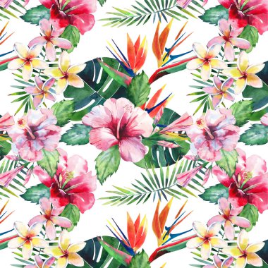 Parlak yeşil bitkisel tropikal harika hawaii çiçek yaz desen bir tropic palmiye yaprakları ve tropic pembe kırmızı menekşe mavi çiçekler ebegümeci, orkide, lily suluboya el çizimi