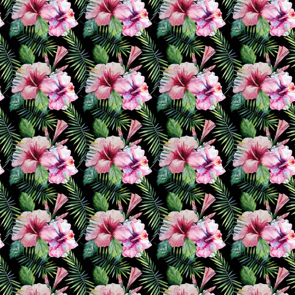 Bright green herbal tropical hawaii floral summer pattern of a tropic palm leaves and tropic pink red violet blue flowers hibiscus, orchid, lily on black background watercolor hand illustration