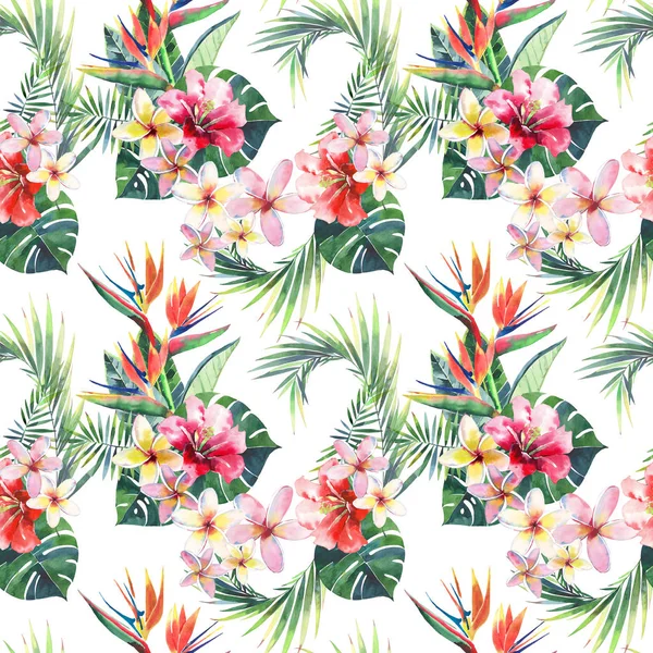 Bright green herbal tropical wonderful hawaii floral summer pattern of a tropic palm leaves and tropic pink red violet blue flowers hibiscus, orchid, lily watercolor hand illustration