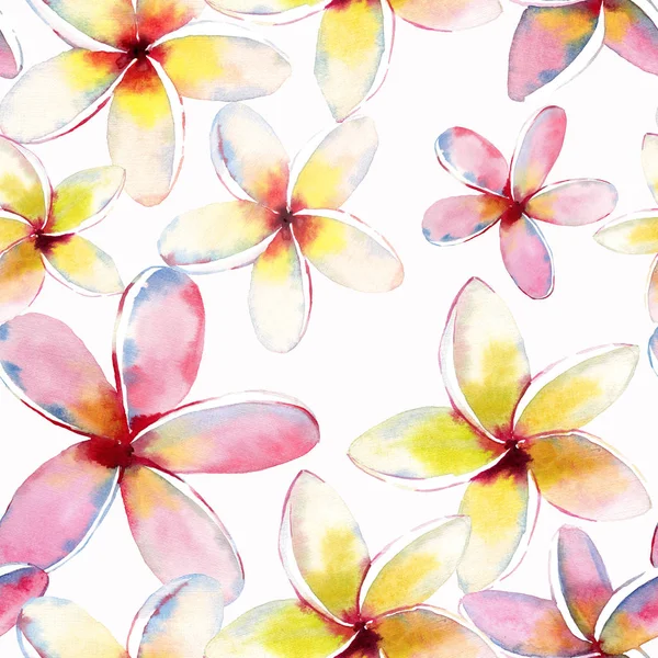 Suluboya el kroki mükemmel Tekstil için parlak güzel yeşil çiçek bitkisel tropikal güzel hawaii şirin çok renkli yaz desen bir tropikal kırmızı pembe beyaz sarı çiçekler ile yeşil palmiye yaprakları