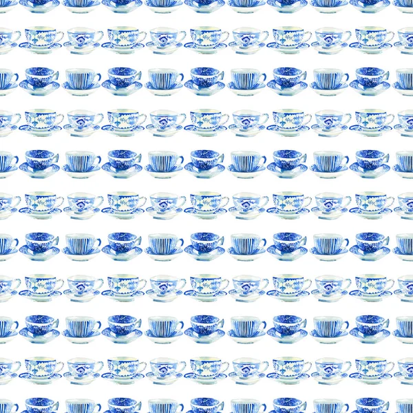 Beautiful artistic tender wonderful blue porcelain china tea cups pattern watercolor hand illustration. Perfect for textile, menu, wallpapers