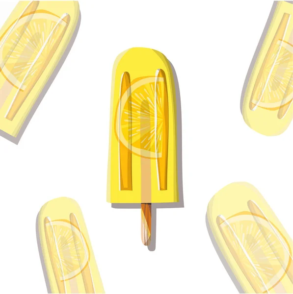美しい明るいカラフルなおいしいおいしいおいしいかわいい夏黄色デザート冷たい新鮮凍結レモン オレンジ ジュース パターン ベクトル イラスト メニューの壁紙 背景に最適 — ストックベクタ