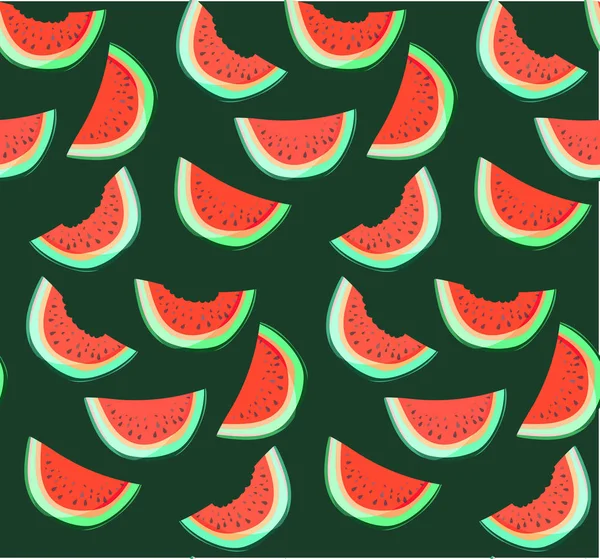 明亮多彩的美味可口美味的成熟多汁可爱可爱的红色夏天新鲜甜点切片的西瓜图案画像一个孩子在黑暗背景向量插图 — 图库矢量图片