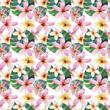 Parlak yeşil bitkisel tropikal harika hawaii çiçek yaz desen bir tropic palmiye yaprakları ve tropic pembe kırmızı menekşe mavi çiçekler ebegümeci, orkide, lily suluboya el çizimi