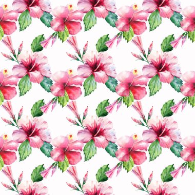 Parlak yeşil bitkisel tropikal harika hawaii çiçek yaz desen tropic pembe kırmızı menekşe mavi çiçekler hibiscus suluboya el çizimi. Mükemmel tebrik kartı, tekstil, duvar kağıtları için