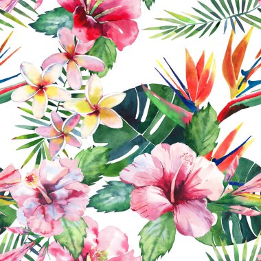 Parlak yeşil bitkisel tropikal harika hawaii çiçek yaz desen bir tropic palmiye yaprakları ve tropic pembe kırmızı menekşe mavi çiçekler ebegümeci, orkide, lily suluboya el çizimi