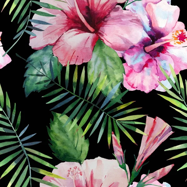 明るい緑ハーブ熱帯ハワイ花夏パターン熱帯のヤシの葉とトロピック ピンク赤いバイオレット青い花ハイビスカス 黒背景水彩手イラスト リリー — ストック写真