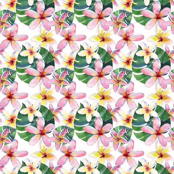 Parlak yeşil bitkisel tropikal harika hawaii çiçek yaz desen bir tropic palmiye yaprakları ve tropic pembe kırmızı menekşe mavi çiçekler ebegümeci, orkide, lily suluboya el çizimi