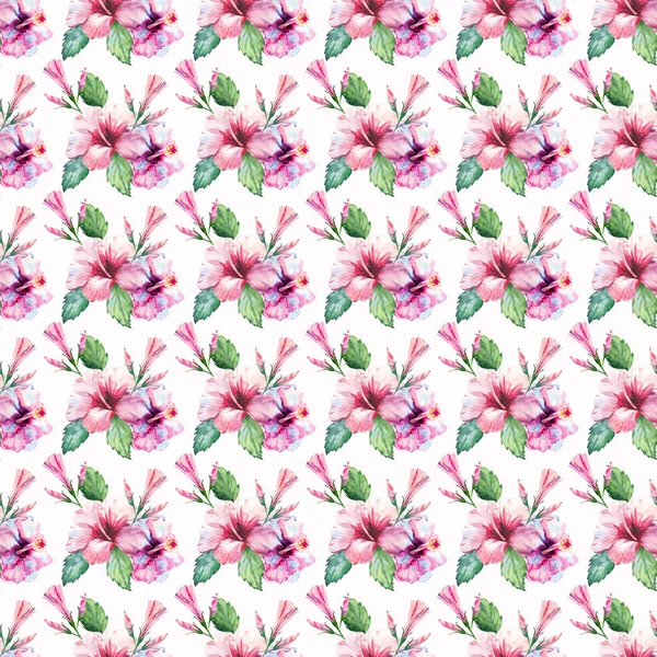 明るい緑ハーブ熱帯素晴らしいハワイ花夏パターン トロピック ピンク赤いバイオレット青い花ハイビスカス水彩手イラスト グリーティング カード テキスタイル 壁紙に最適 — ストック写真