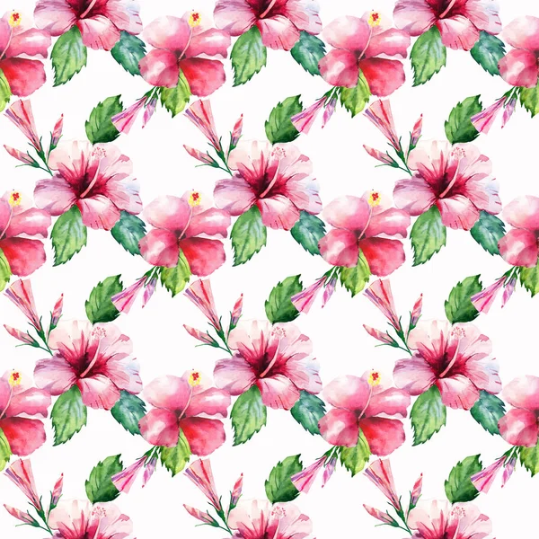 Parlak yeşil bitkisel tropikal harika hawaii çiçek yaz desen tropic pembe kırmızı menekşe mavi çiçekler hibiscus suluboya el çizimi. Mükemmel tebrik kartı, tekstil, duvar kağıtları için