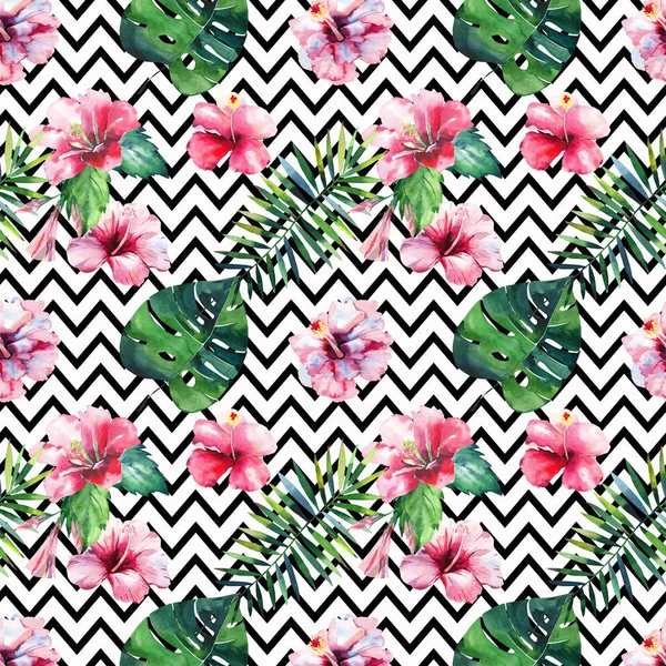 Bright green herbal tropical hawaii floral summer pattern of a tropic palm leaves and tropic pink red violet blue flowers hibiscus, orchid, lily watercolor on zigzag background hand illustration