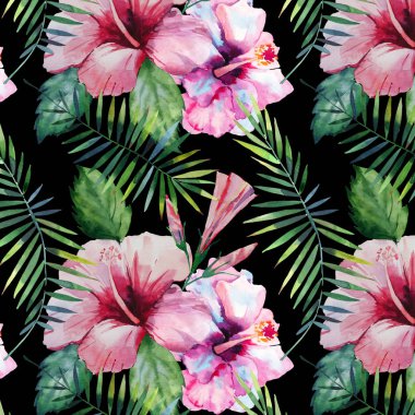 Parlak yeşil bitkisel tropikal hawaii çiçek yaz desen bir tropic palmiye yaprakları ve tropic pembe kırmızı menekşe mavi çiçekler ebegümeci, orkide, siyah arka plan suluboya el çizimi yapma lily