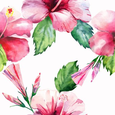 Parlak yeşil bitkisel tropikal harika hawaii çiçek yaz desen tropic pembe kırmızı menekşe mavi çiçekler hibiscus suluboya el çizimi. Mükemmel tebrik kartı, tekstil, duvar kağıtları için