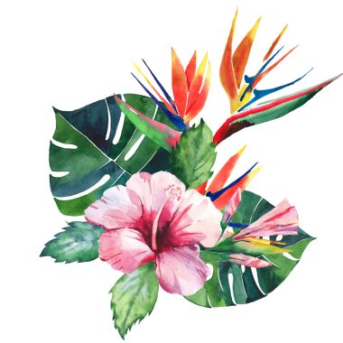 Parlak yeşil bitkisel tropikal harika hawaii çiçek yaz desen bir tropic palmiye yaprakları ve tropic pembe kırmızı menekşe mavi çiçekler ebegümeci, orkide, lily suluboya el çizimi